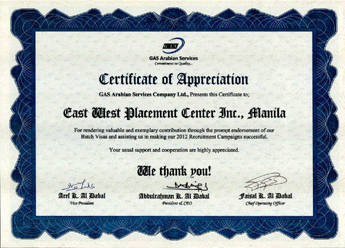 2013 East West Placement Cetner Certificate of Appreciation from Gas Arabian Services