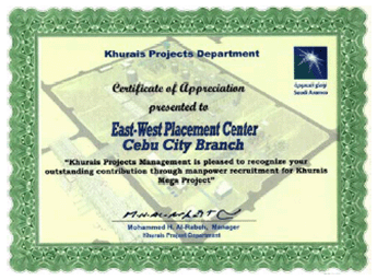 East West Placement Center Cebu Branch Certificate of Appreciation from Saudi Aramco